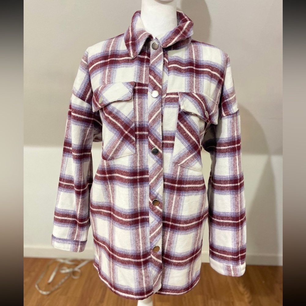Forever 21 Women's Outerwear Plaid Shacket Jacket Cream/Multi NEW